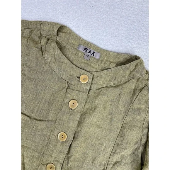 FLAX Blouse Womens Medium Green Linen Cropped Button Front Long Sleeve Top - Picture 3 of 8